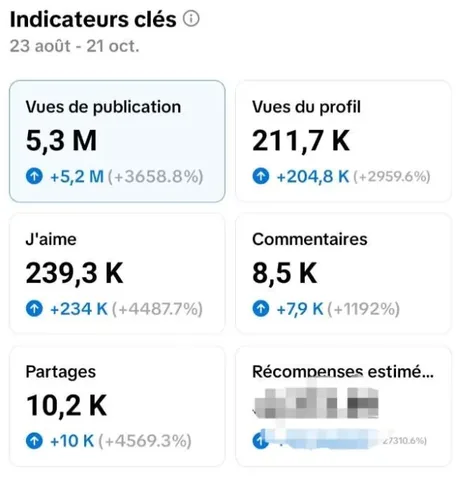 Statistiques du 23 août au 21 octobre : 5,3 M de vues de publication, 211,7 K vues du profil, 239,3 K j'aime, 8,5 K commentaires, 10,2 K partages